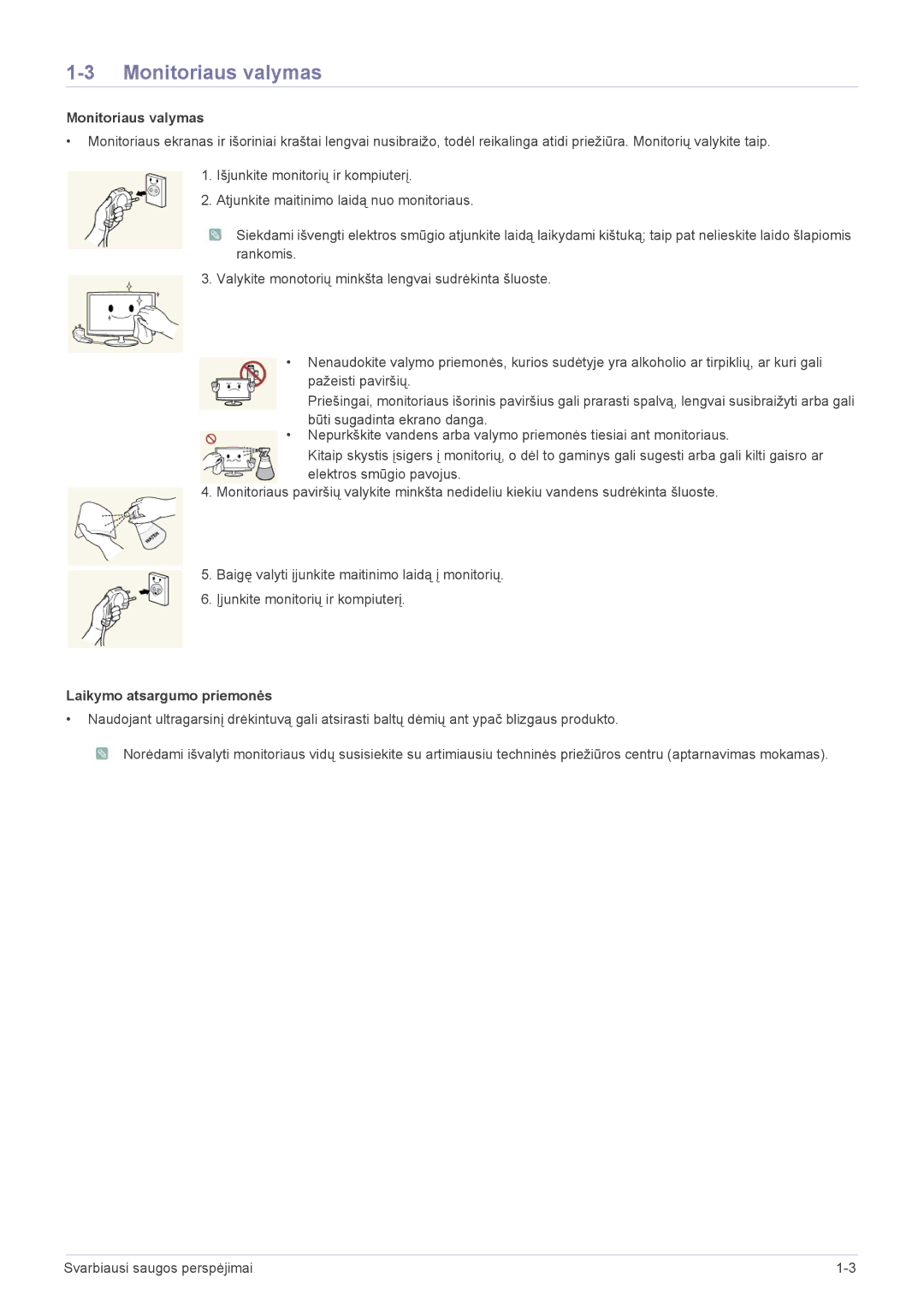 Samsung LS27A550HS/EN, LS23A550HS/EN manual Monitoriaus valymas, Laikymo atsargumo priemonės 