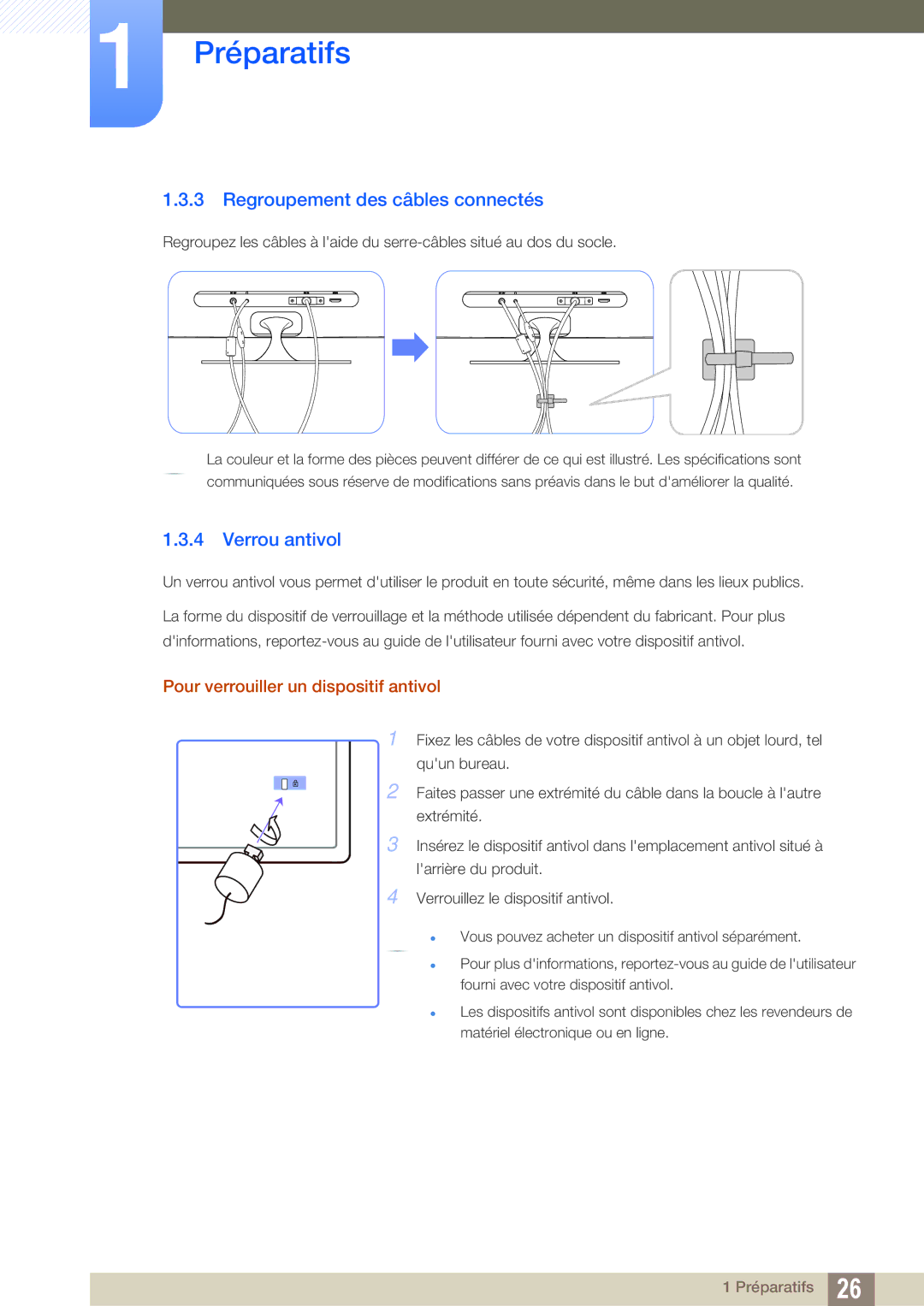 Samsung LS23A700DSL/EN manual Regroupement des câbles connectés, Verrou antivol, Pour verrouiller un dispositif antivol 