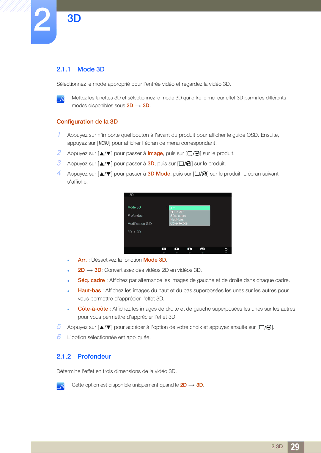 Samsung LS23A700DS/EN, LS23A700DSL/EN manual Mode 3D, Profondeur, Configuration de la 3D 