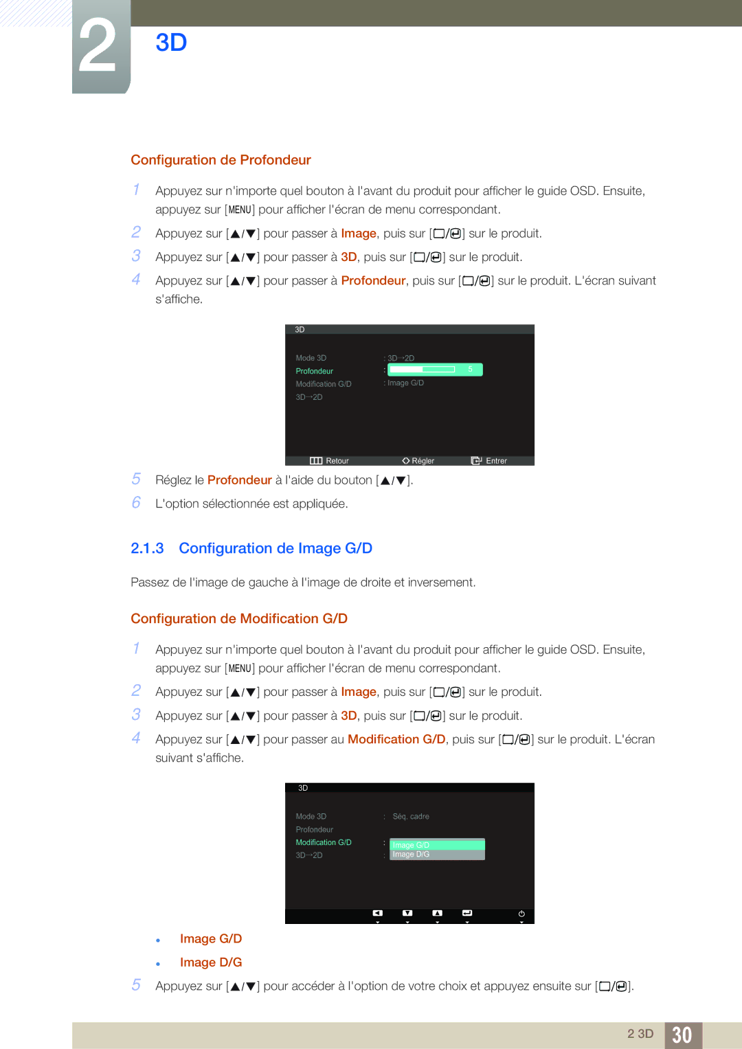 Samsung LS23A700DSL/EN manual Configuration de Image G/D, Configuration de Profondeur, Configuration de Modification G/D 