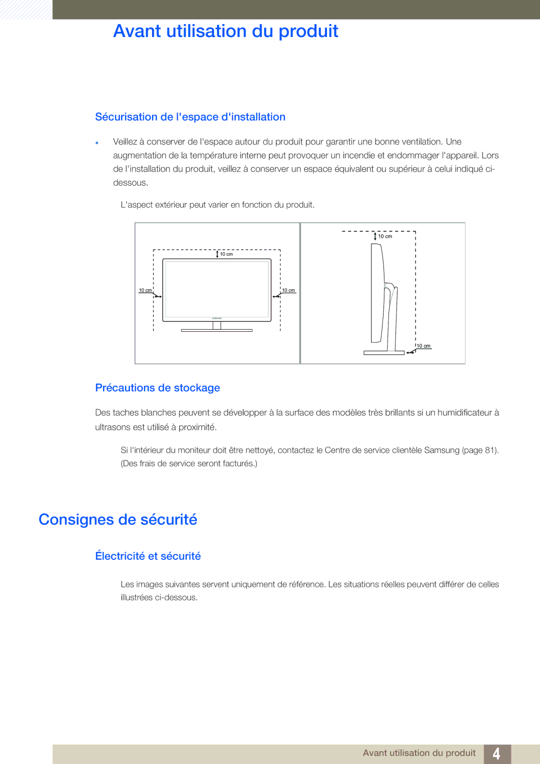 Samsung LS23A700DSL/EN manual Consignes de sécurité, Sécurisation de lespace dinstallation, Précautions de stockage 