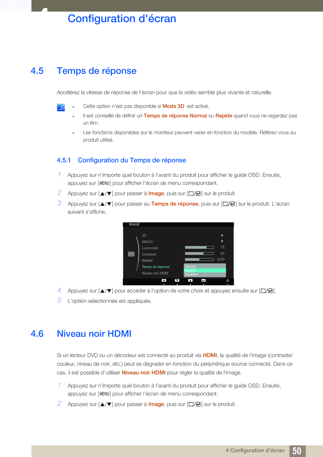 Samsung LS23A700DSL/EN, LS23A700DS/EN manual Niveau noir Hdmi, Configuration du Temps de réponse 