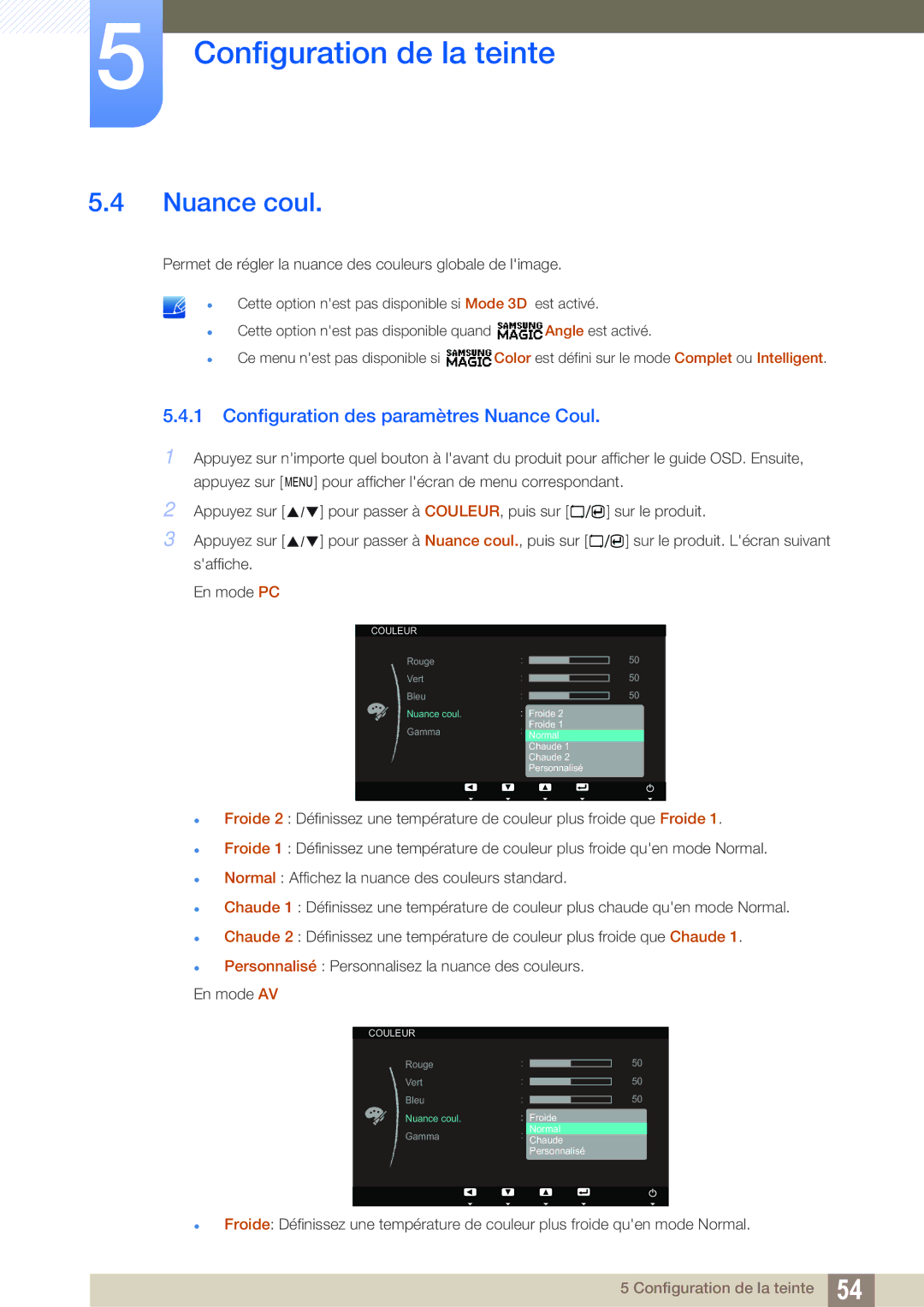 Samsung LS23A700DSL/EN, LS23A700DS/EN manual Nuance coul, Configuration des paramètres Nuance Coul 