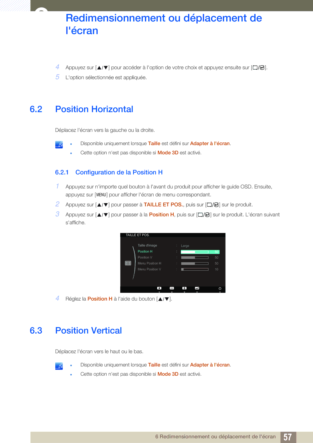 Samsung LS23A700DS/EN, LS23A700DSL/EN manual Position Horizontal, Position Vertical, Configuration de la Position H 