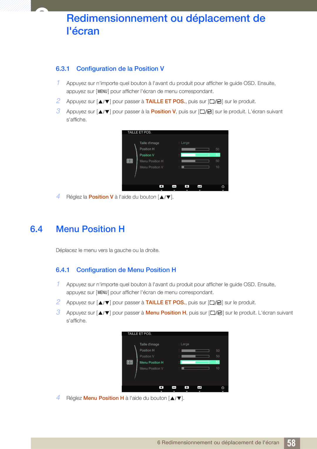 Samsung LS23A700DSL/EN, LS23A700DS/EN manual Configuration de la Position, Configuration de Menu Position H 