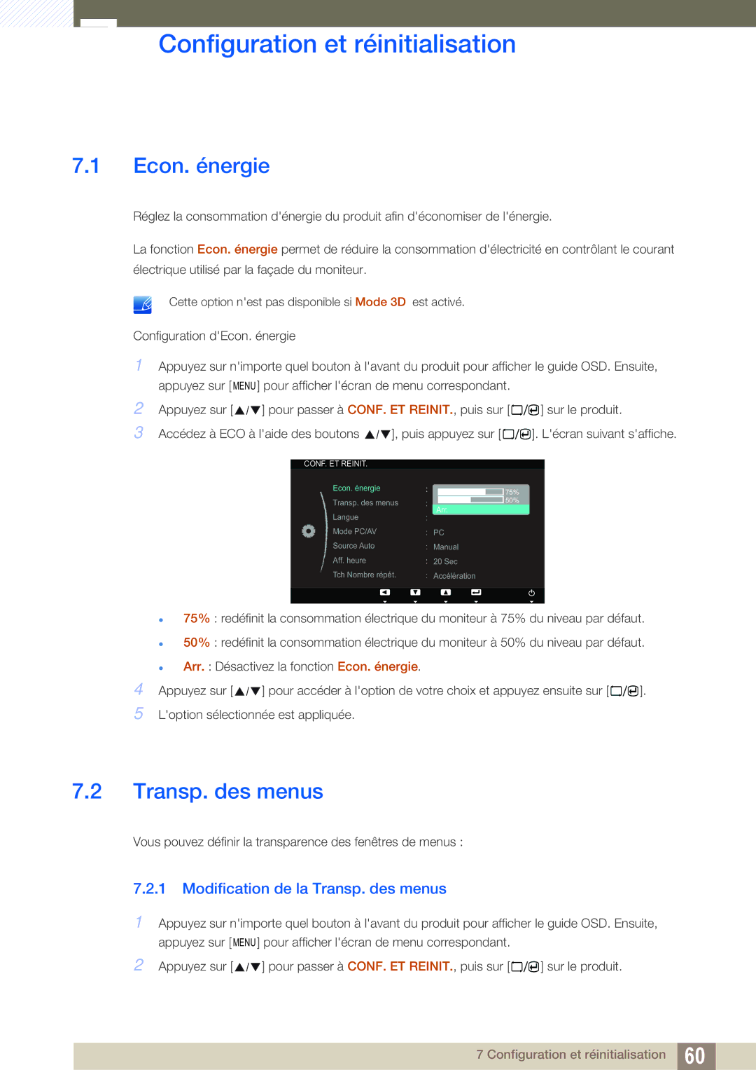 Samsung LS23A700DSL/EN, LS23A700DS/EN manual Configuration et réinitialisation, Econ. énergie, Transp. des menus 