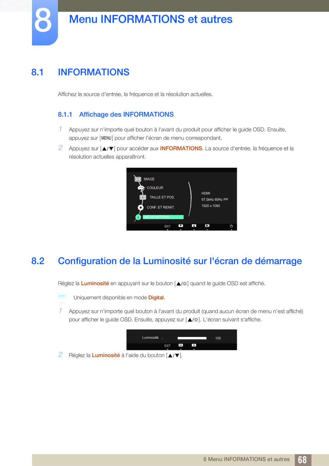 Samsung LS23A700DSL/EN, LS23A700DS/EN Menu Informations et autres, Configuration de la Luminosité sur lécran de démarrage 