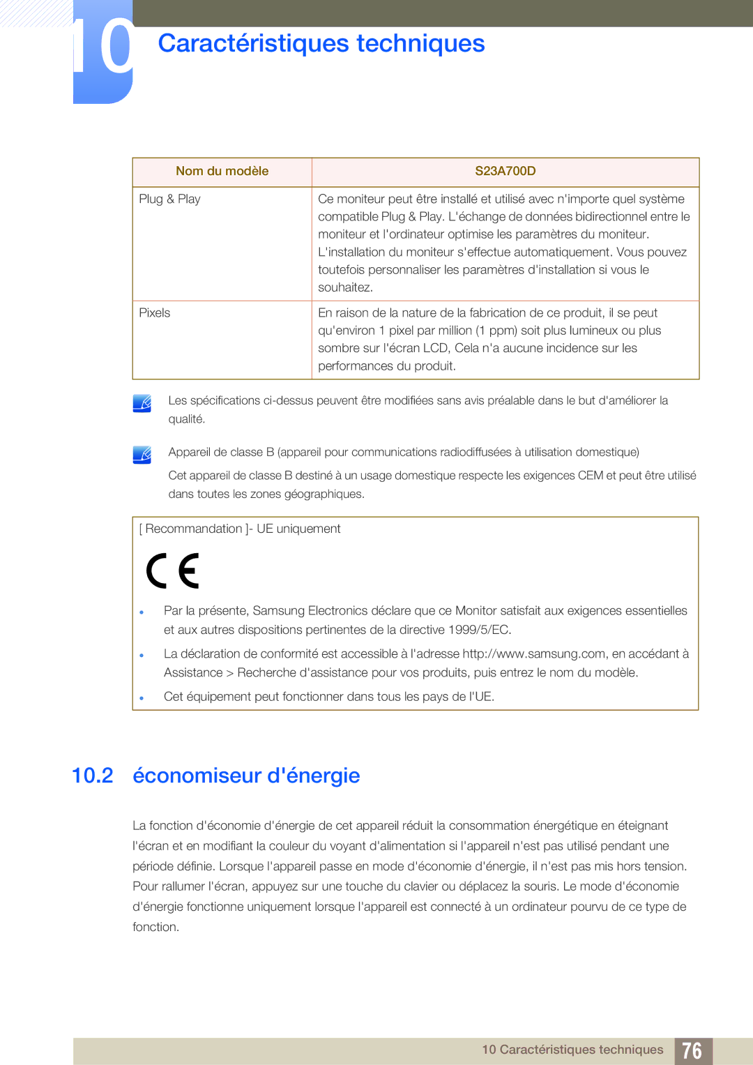 Samsung LS23A700DSL/EN, LS23A700DS/EN manual 10.2 économiseur dénergie 