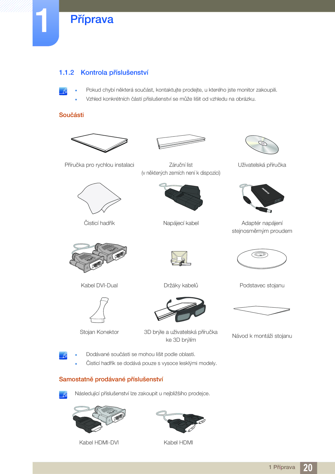 Samsung LS23A700DSL/EN, LS23A700DS/EN manual Kontrola příslušenství, Součásti, Samostatně prodávané příslušenství 