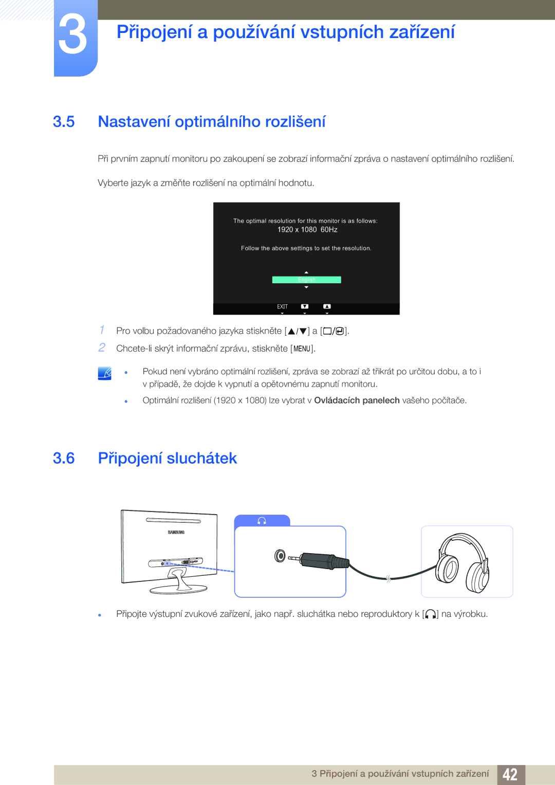 Samsung LS23A700DSL/EN, LS23A700DS/EN manual Nastavení optimálního rozlišení, Připojení sluchátek 