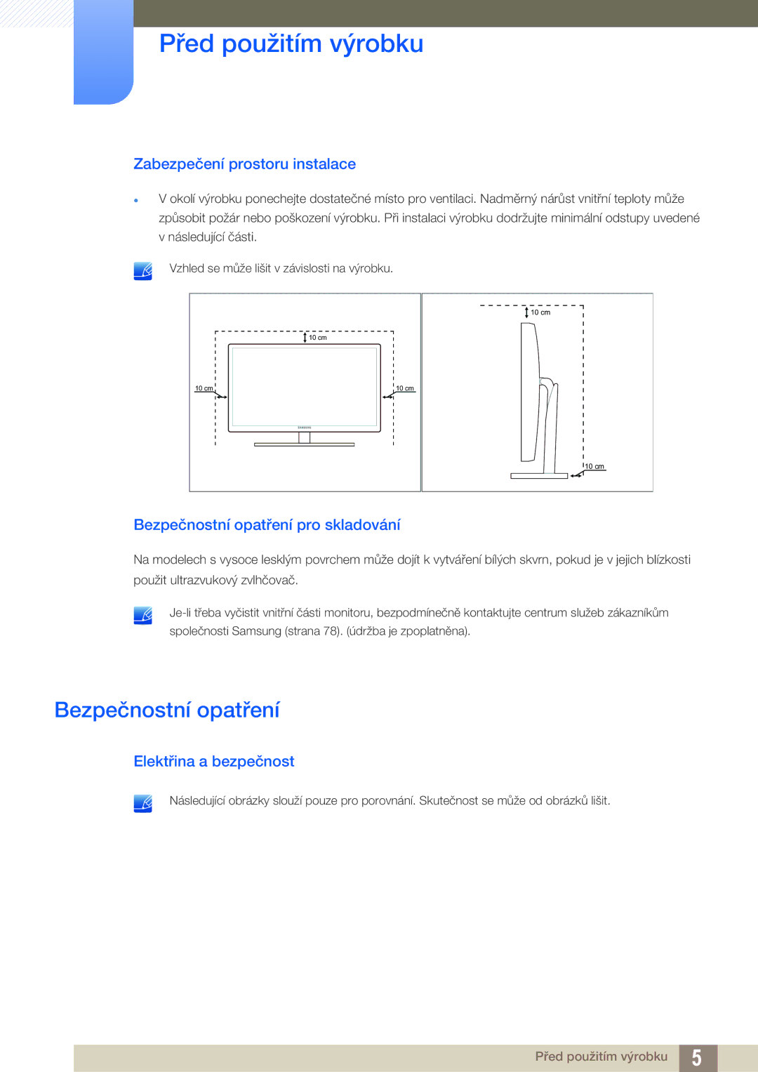 Samsung LS23A700DS/EN Zabezpečení prostoru instalace, Bezpečnostní opatření pro skladování, Elektřina a bezpečnost 