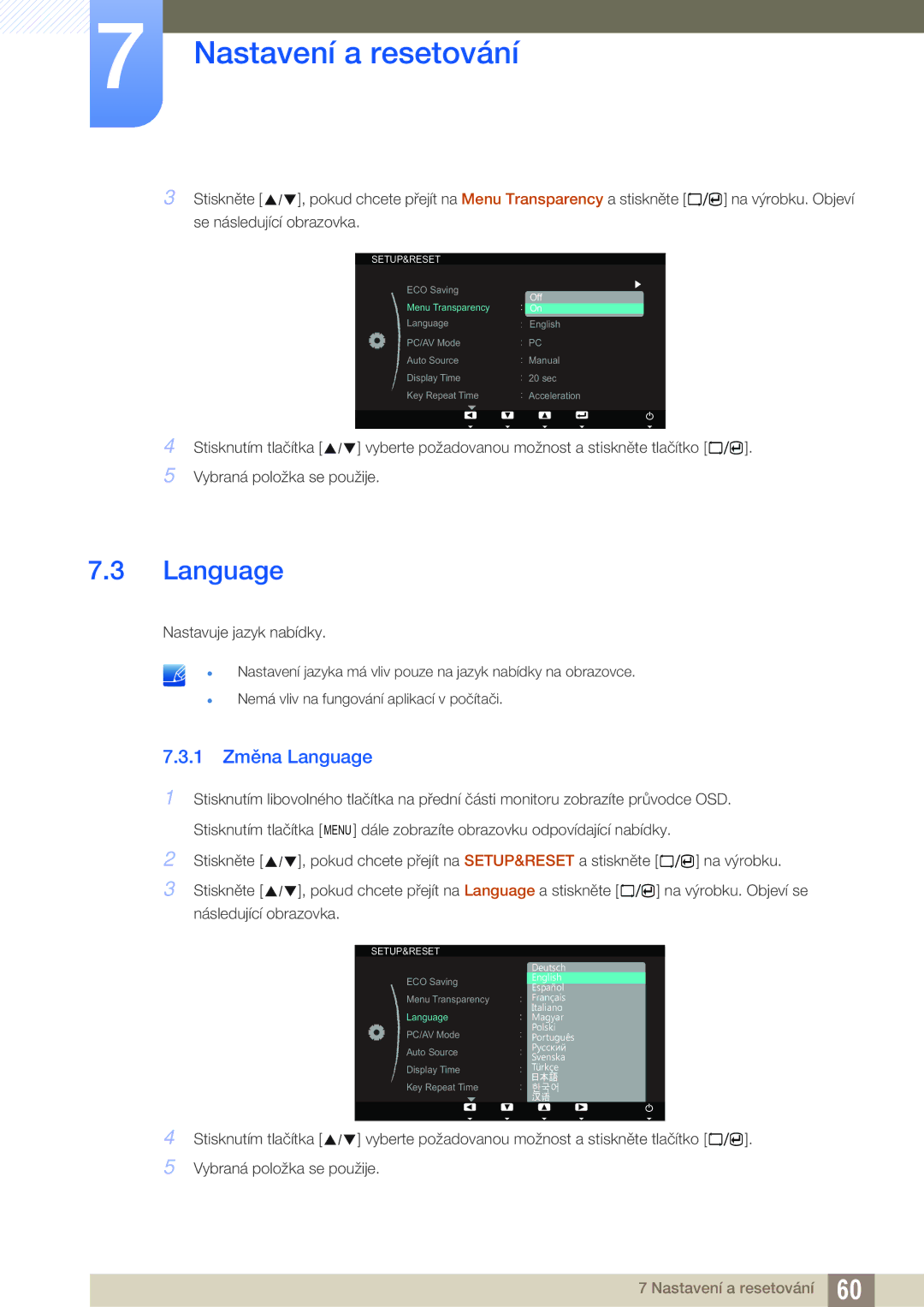 Samsung LS23A700DSL/EN, LS23A700DS/EN manual 1 Změna Language 