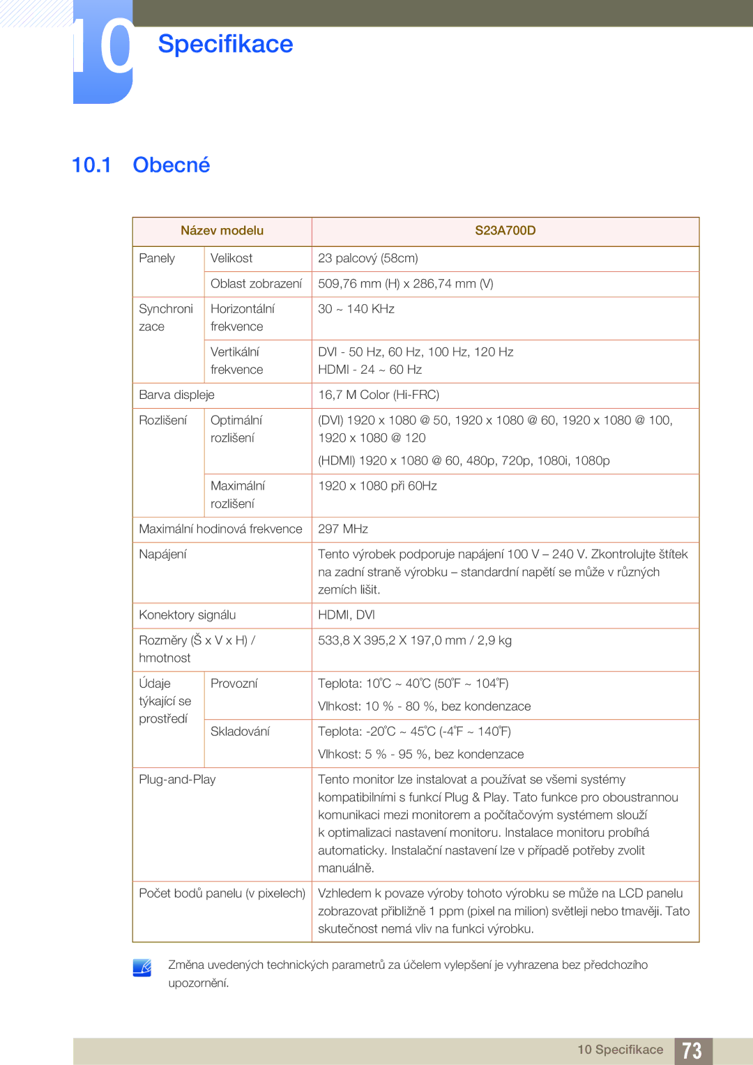 Samsung LS23A700DS/EN, LS23A700DSL/EN manual Specifikace, Obecné 