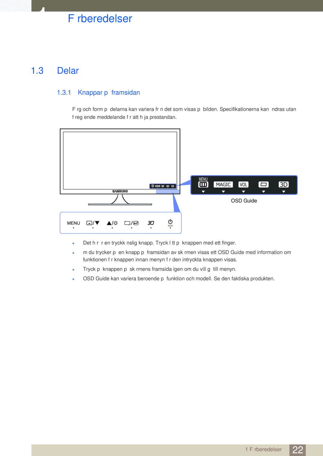 Samsung LS23A700DSL/EN, LS23A700DS/EN manual Delar, Knappar på framsidan 