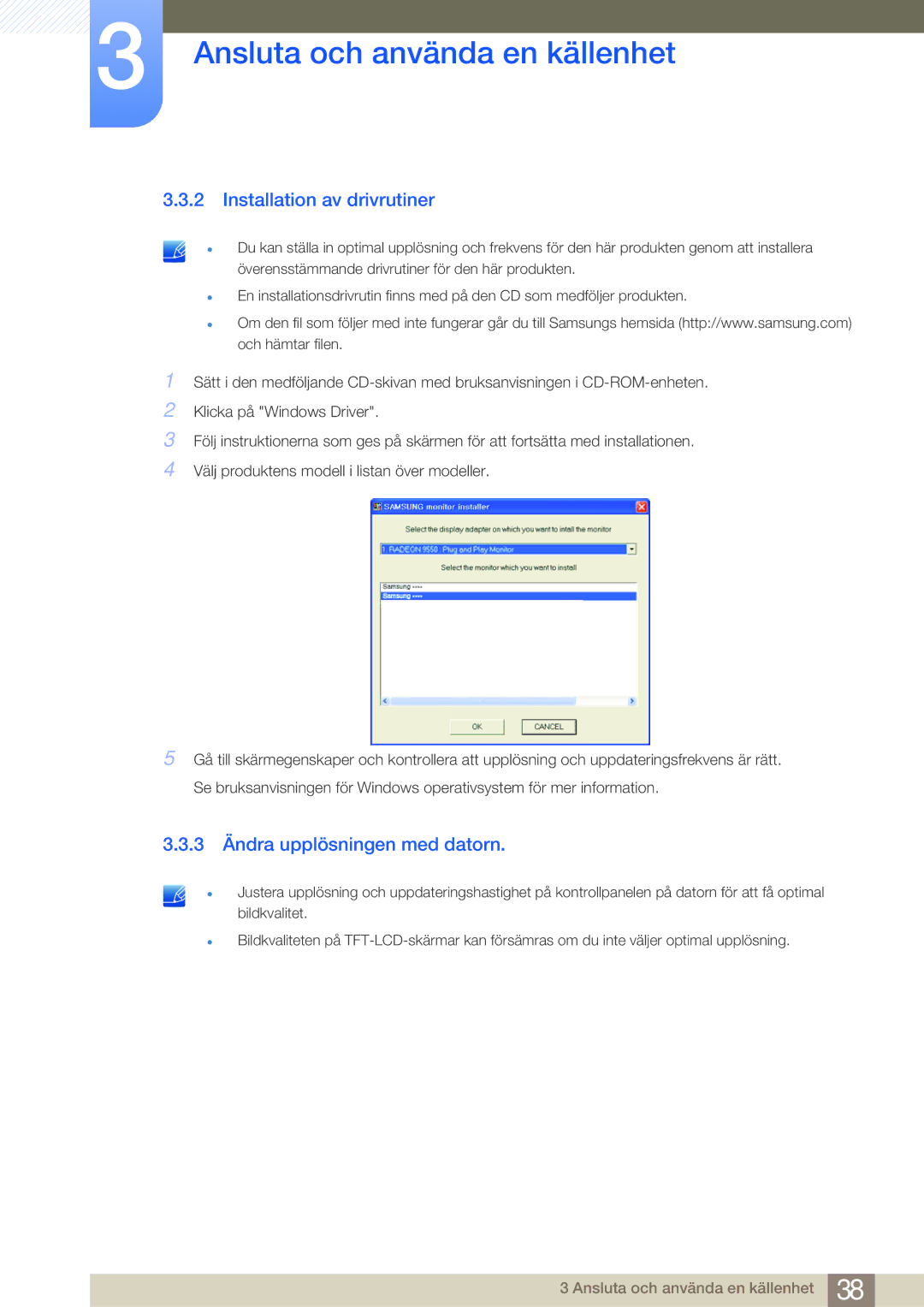 Samsung LS23A700DSL/EN, LS23A700DS/EN manual Installation av drivrutiner, 3 Ändra upplösningen med datorn 