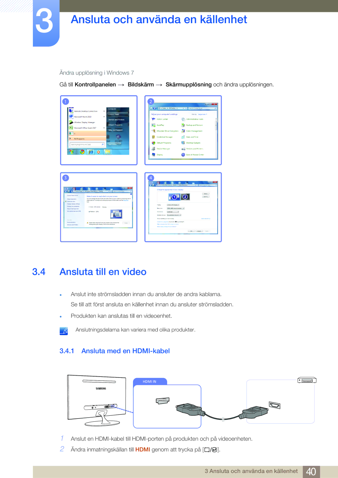 Samsung LS23A700DSL/EN, LS23A700DS/EN manual Ansluta till en video, Ansluta med en HDMI-kabel 