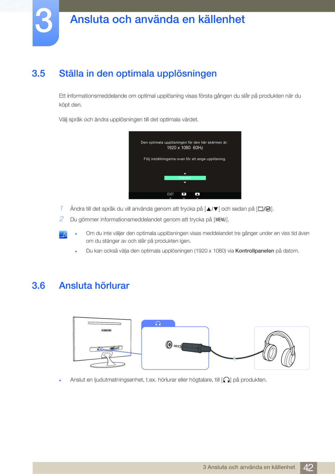 Samsung LS23A700DSL/EN, LS23A700DS/EN manual Ställa in den optimala upplösningen, Ansluta hörlurar 