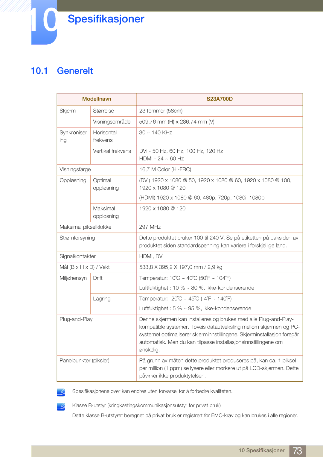 Samsung LS23A700DS/EN, LS23A700DSL/EN manual Spesifikasjoner, Generelt, Ønskelig 