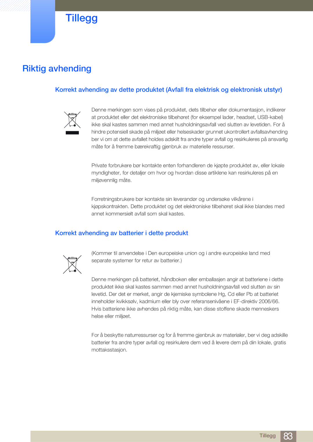 Samsung LS23A700DS/EN, LS23A700DSL/EN manual Riktig avhending, Korrekt avhending av batterier i dette produkt 