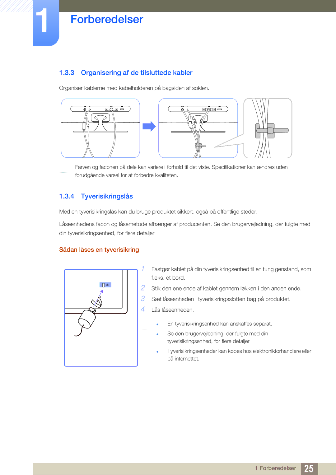 Samsung LS23A700DS/EN manual Organisering af de tilsluttede kabler, Tyverisikringslås, Sådan låses en tyverisikring 