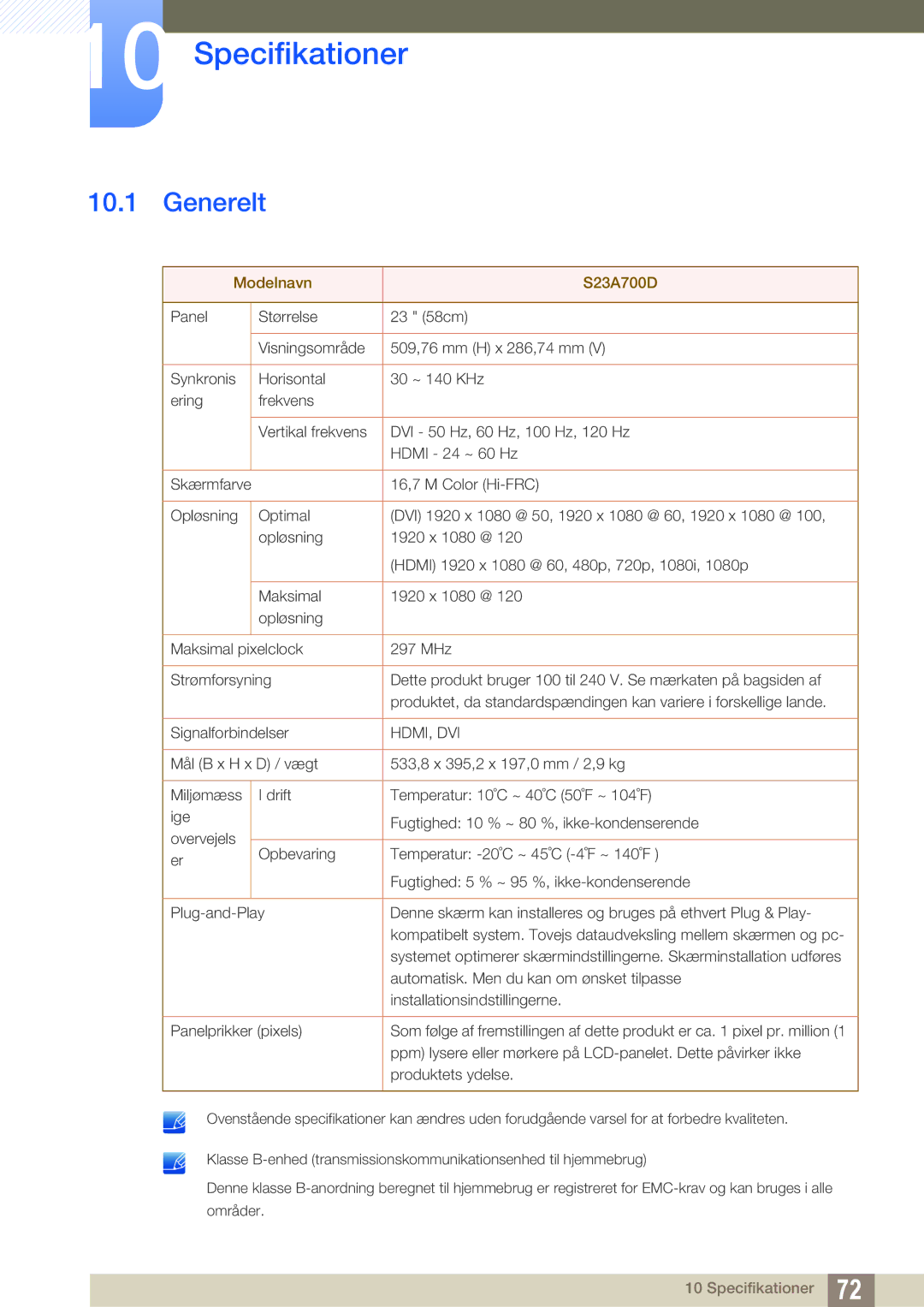 Samsung LS23A700DSL/EN, LS23A700DS/EN manual Specifikationer, Generelt 