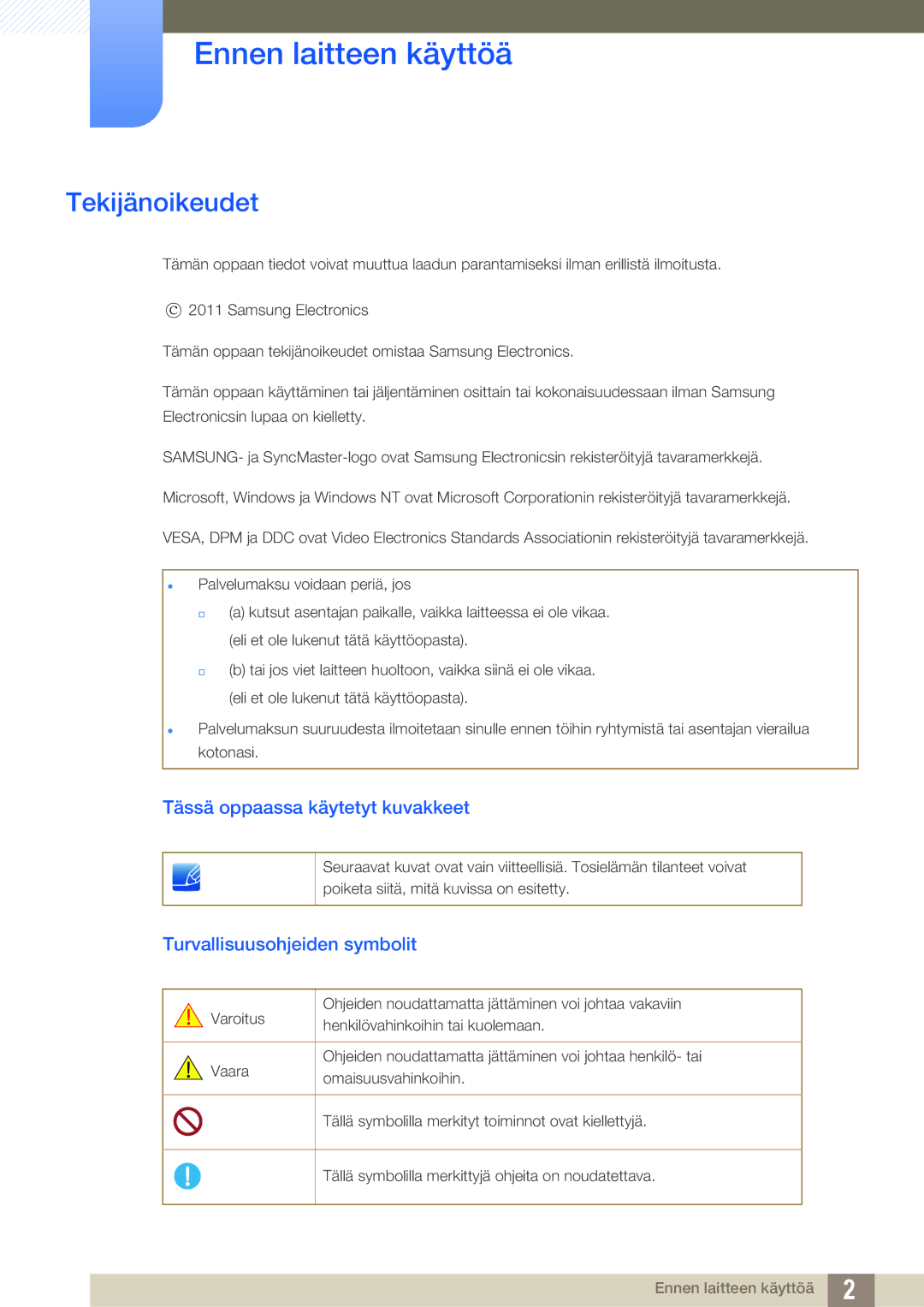 Samsung LS23A700DSL/EN Ennen laitteen käyttöä, Tekijänoikeudet, Tässä oppaassa käytetyt kuvakkeet, Omaisuusvahinkoihin 