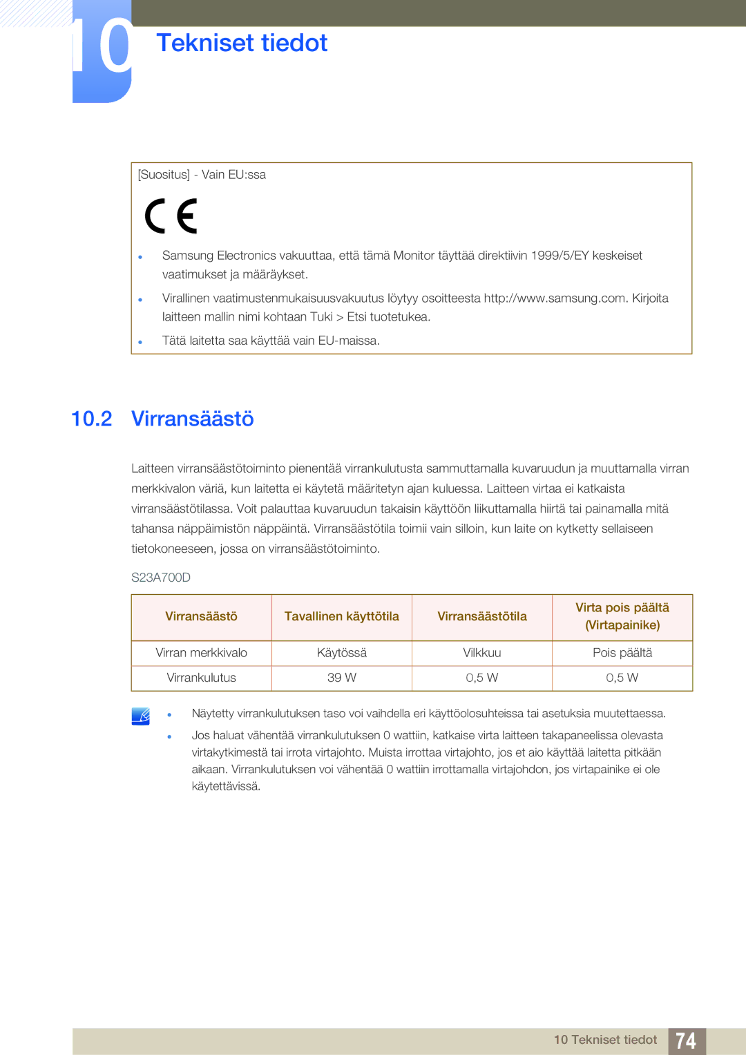 Samsung LS23A700DSL/EN, LS23A700DS/EN manual Virransäästö 