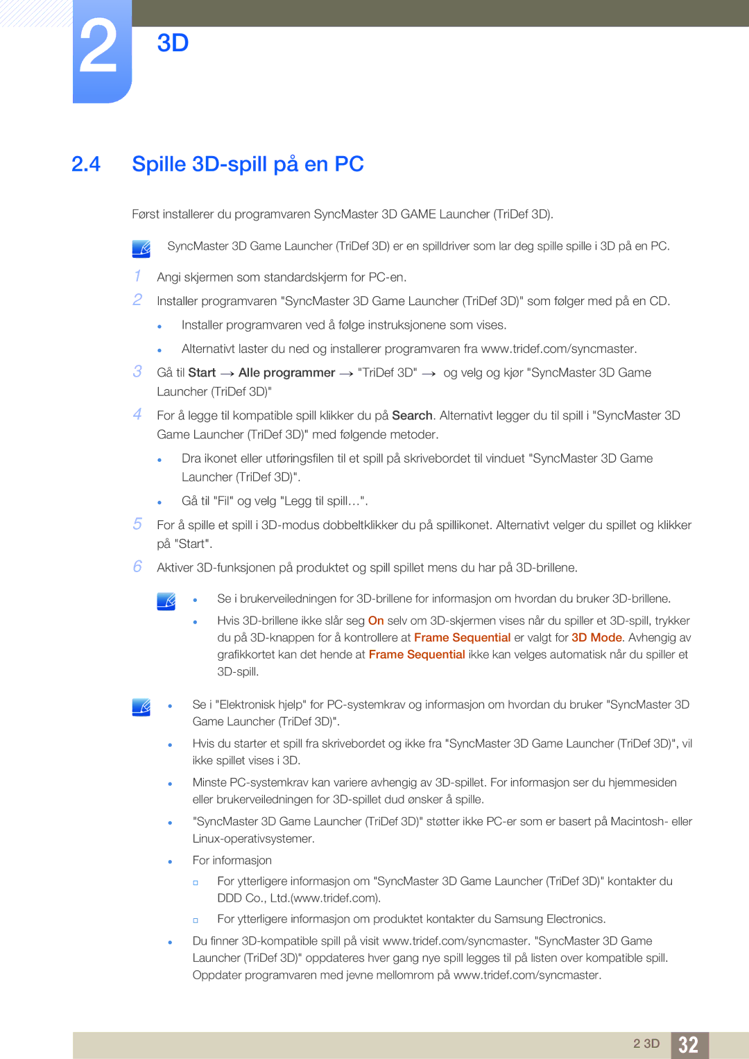 Samsung LS23A700DSL/EN, LS23A700DS/EN manual Spille 3D-spill på en PC 