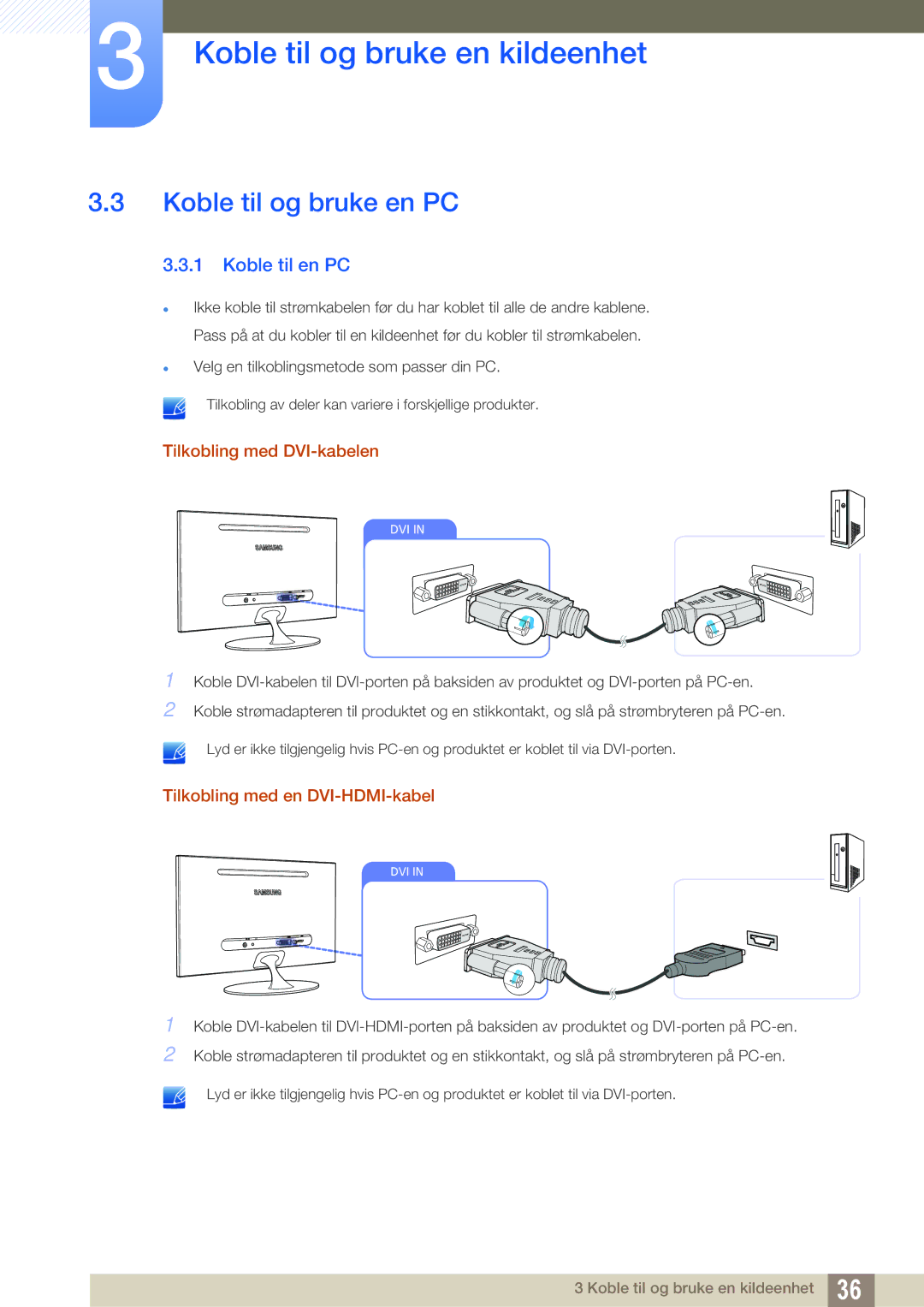 Samsung LS23A700DSL/EN, LS23A700DS/EN manual Koble til og bruke en PC, Koble til en PC, Tilkobling med DVI-kabelen 