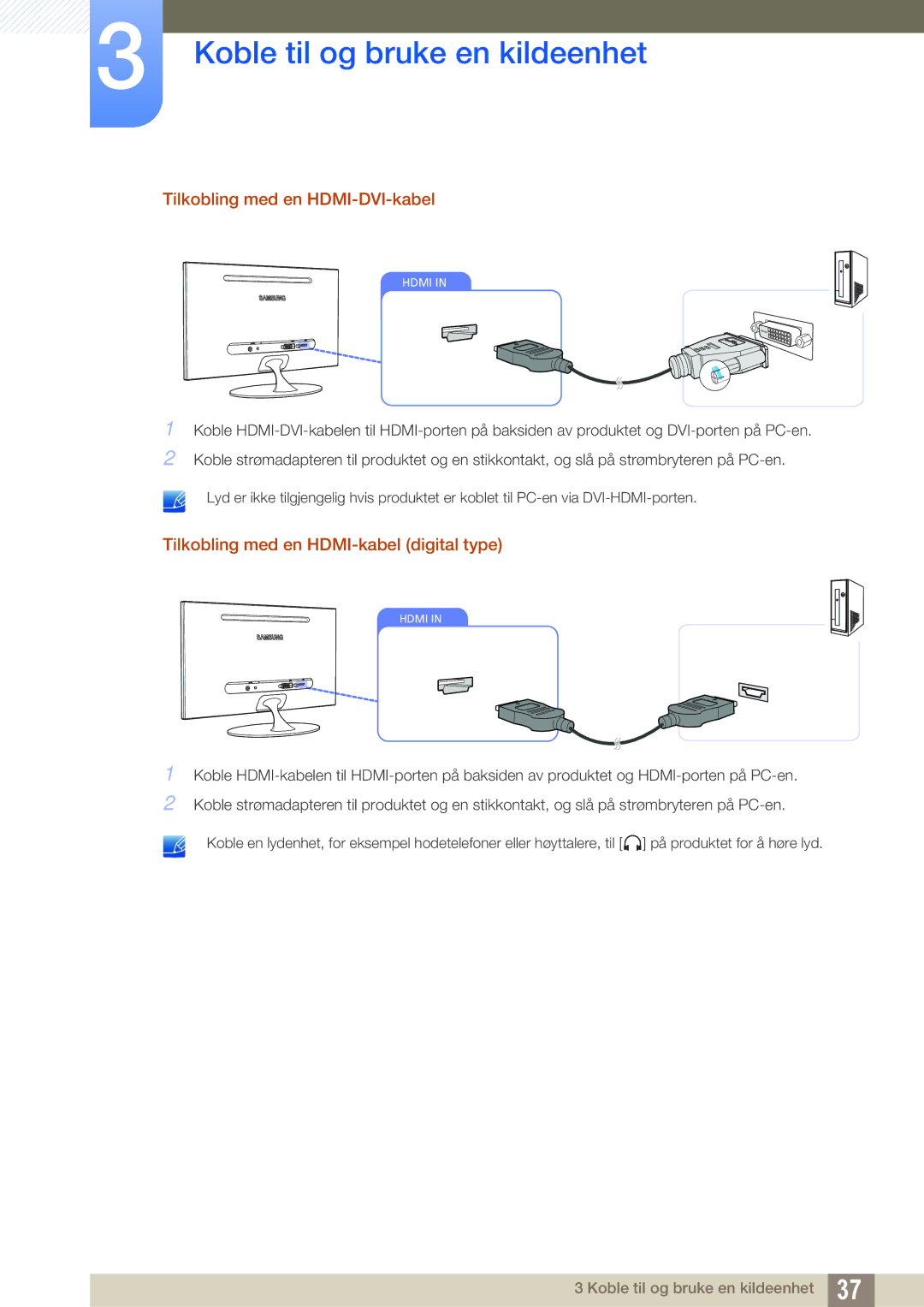 Samsung LS23A700DS/EN, LS23A700DSL/EN manual Tilkobling med en HDMI-DVI-kabel, Tilkobling med en HDMI-kabel digital type 