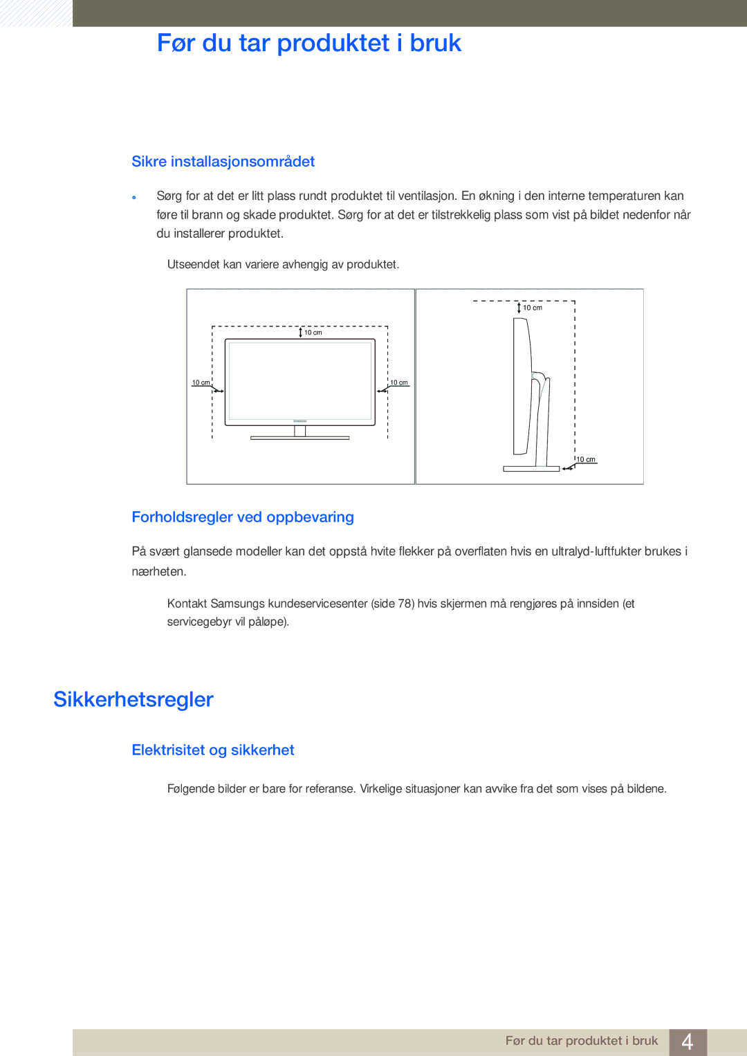 Samsung LS23A700DSL/EN, LS23A700DS/EN manual Sikkerhetsregler, Sikre installasjonsområdet, Forholdsregler ved oppbevaring 