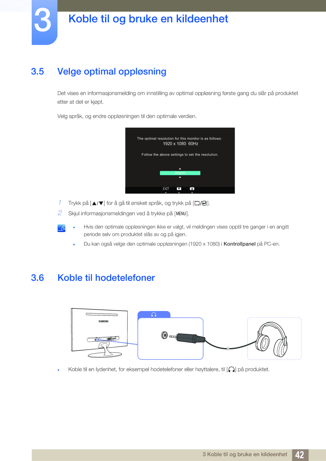 Samsung LS23A700DSL/EN, LS23A700DS/EN manual Velge optimal oppløsning, Koble til hodetelefoner 