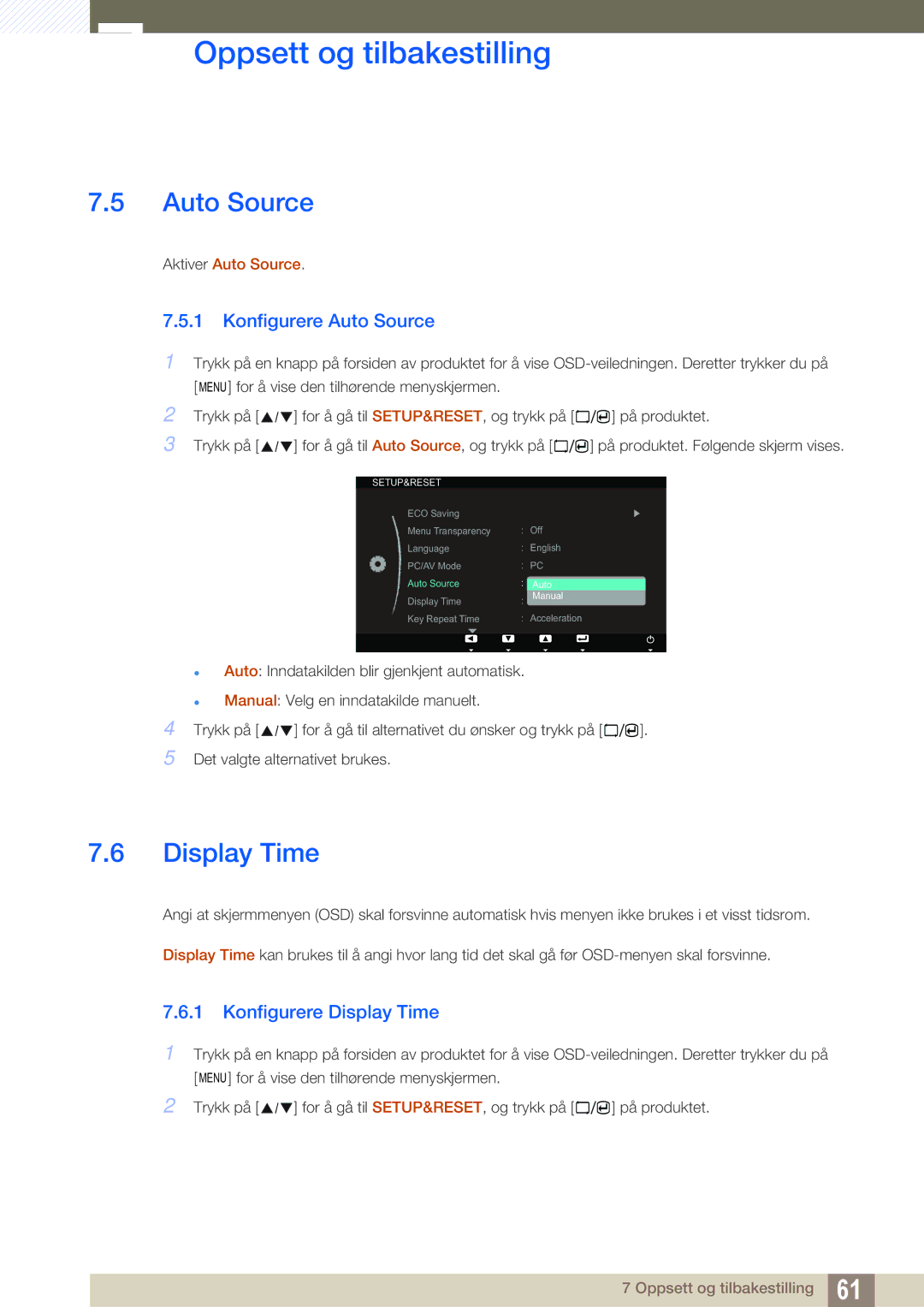 Samsung LS23A700DS/EN, LS23A700DSL/EN manual Konfigurere Auto Source, Konfigurere Display Time 