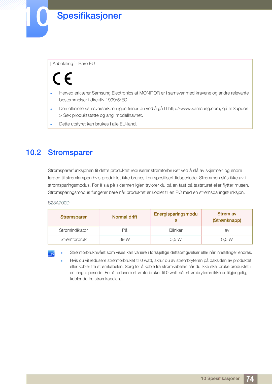 Samsung LS23A700DSL/EN, LS23A700DS/EN manual 10.2 Strømsparer, Strømindikator 