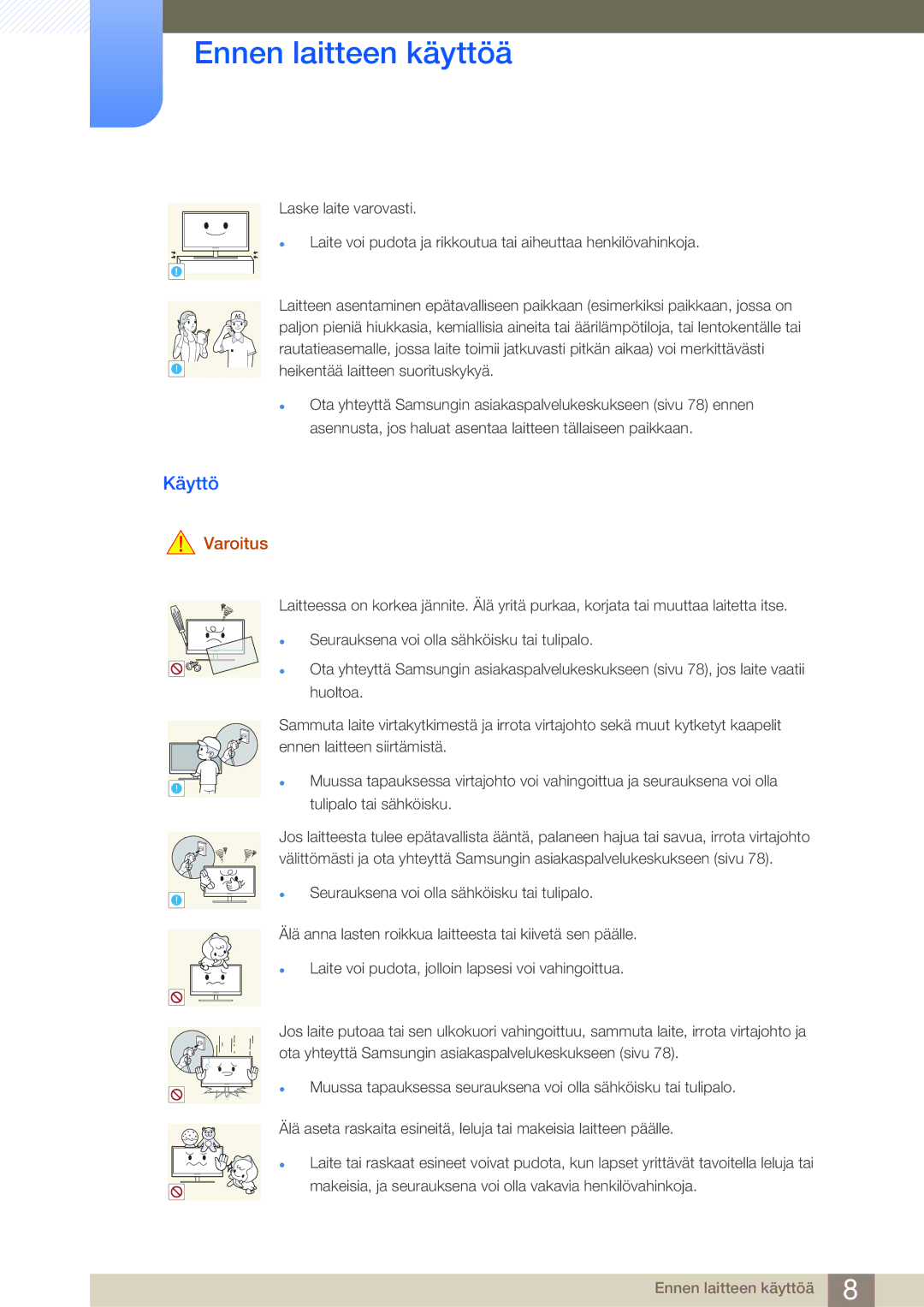 Samsung LS23A700DSL/EN, LS23A700DS/EN manual Käyttö, Tulipalo tai sähköisku 