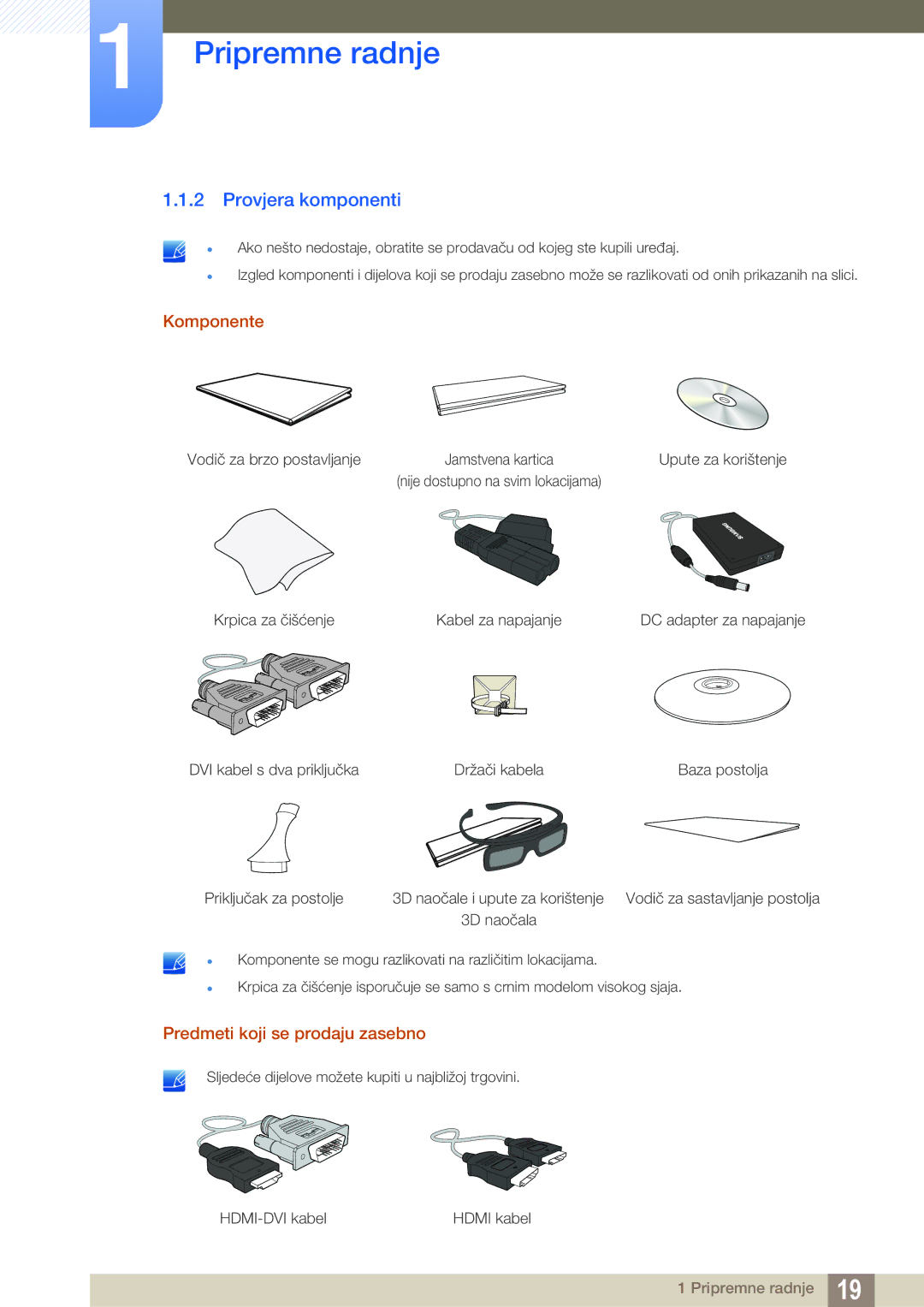 Samsung LS23A700DSL/EN manual Provjera komponenti, Komponente, Predmeti koji se prodaju zasebno 