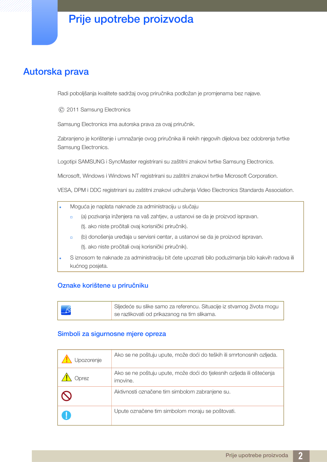 Samsung LS23A700DSL/EN manual Prije upotrebe proizvoda, Autorska prava, Oznake korištene u priručniku 