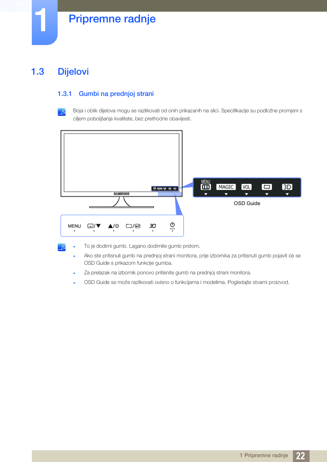 Samsung LS23A700DSL/EN manual Dijelovi, Gumbi na prednjoj strani 