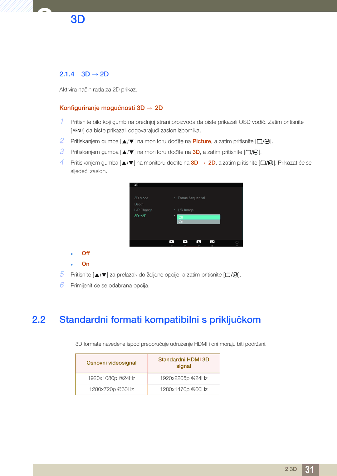 Samsung LS23A700DSL/EN manual Standardni formati kompatibilni s priključkom, 4 3D → 2D, Konfiguriranje mogućnosti 3D → 2D 