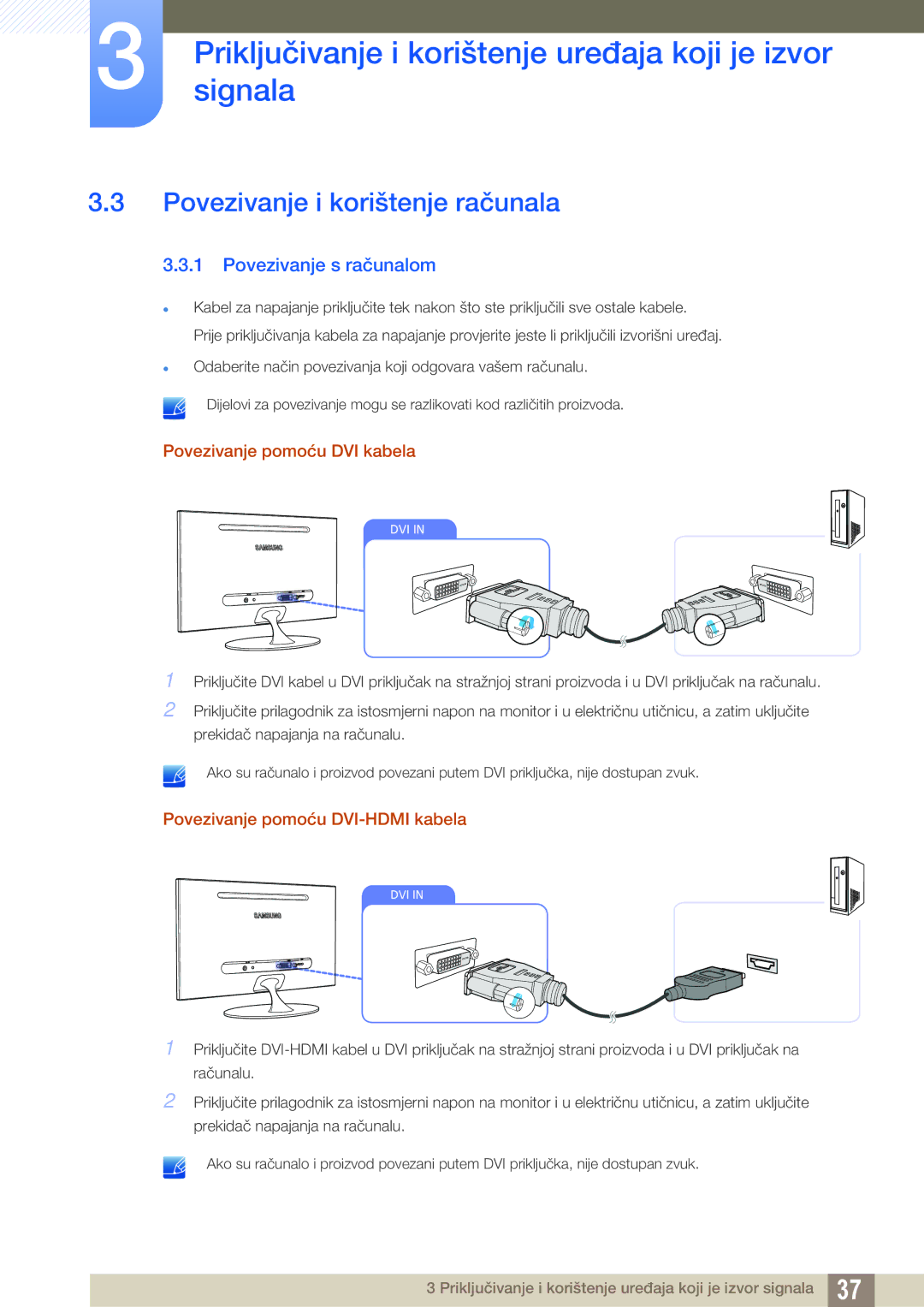 Samsung LS23A700DSL/EN manual Povezivanje i korištenje računala, Povezivanje s računalom, Povezivanje pomoću DVI kabela 