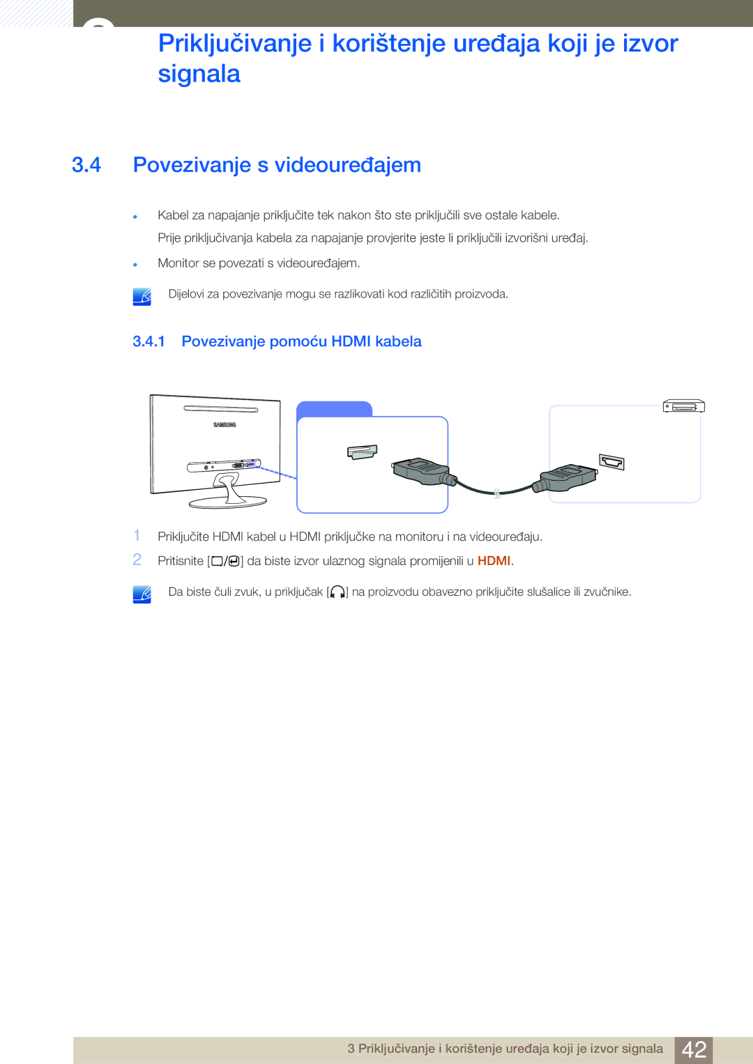 Samsung LS23A700DSL/EN manual Povezivanje s videouređajem, Povezivanje pomoću Hdmi kabela 