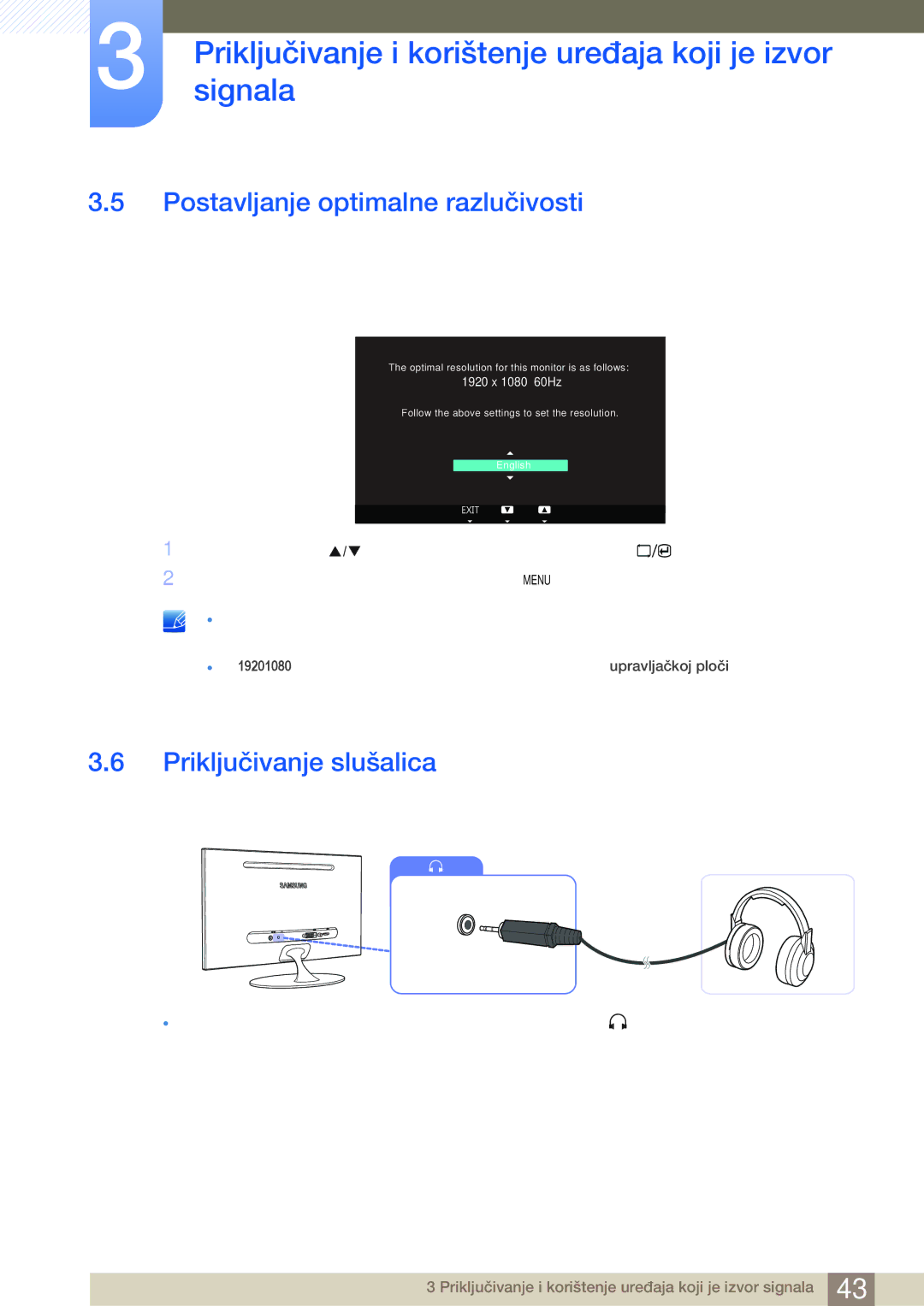 Samsung LS23A700DSL/EN manual Postavljanje optimalne razlučivosti, Priključivanje slušalica 