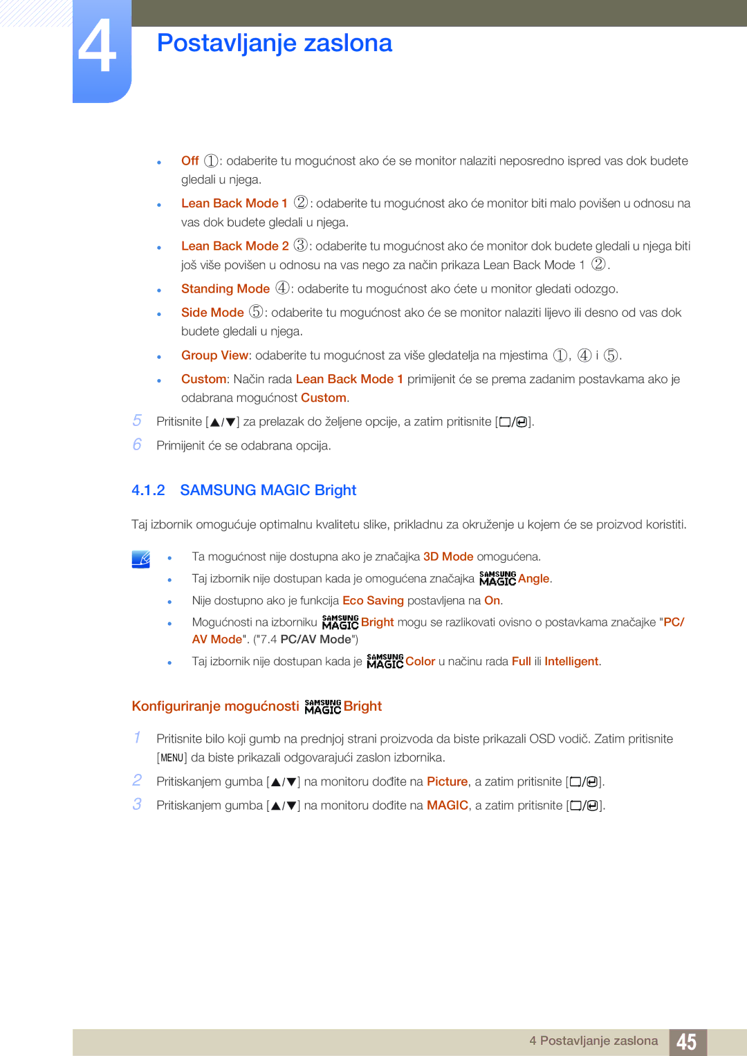 Samsung LS23A700DSL/EN manual Samsung Magic Bright, Konfiguriranje mogućnosti Bright 