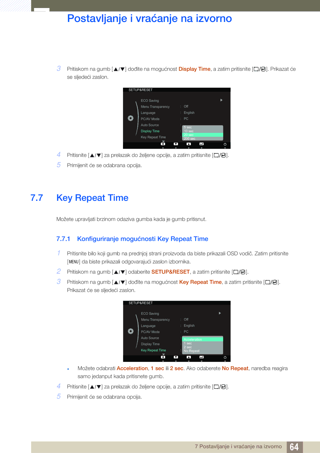 Samsung LS23A700DSL/EN manual Konfiguriranje mogućnosti Key Repeat Time 