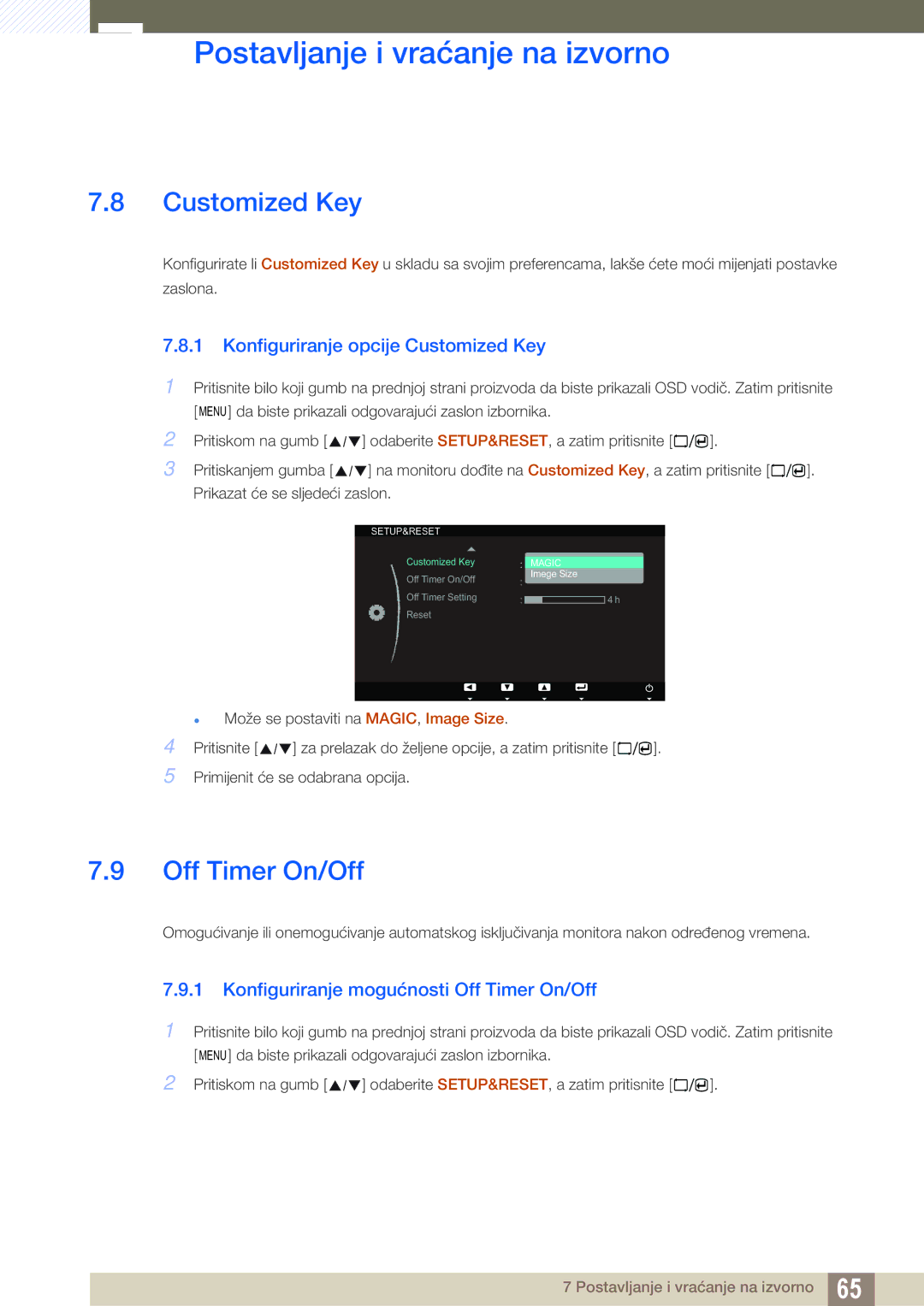 Samsung LS23A700DSL/EN manual Off Timer On/Off, Konfiguriranje opcije Customized Key 