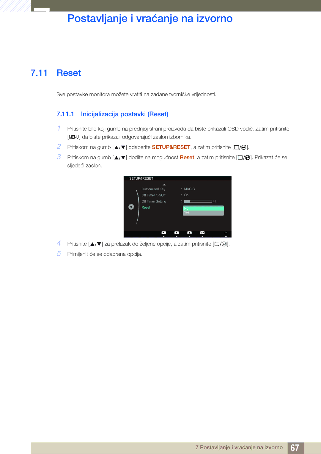 Samsung LS23A700DSL/EN manual Inicijalizacija postavki Reset 