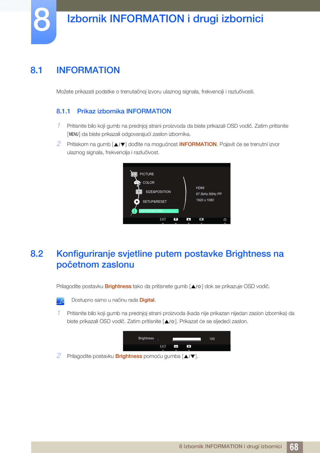 Samsung LS23A700DSL/EN manual Izbornik Information i drugi izbornici, Prikaz izbornika Information 