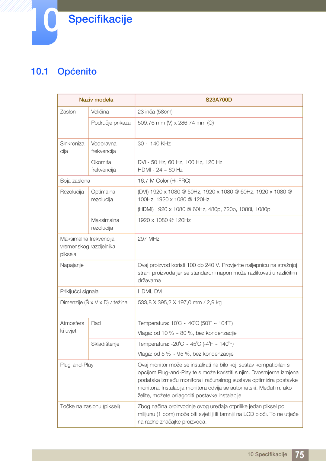 Samsung LS23A700DSL/EN manual Specifikacije, 10.1 Općenito 