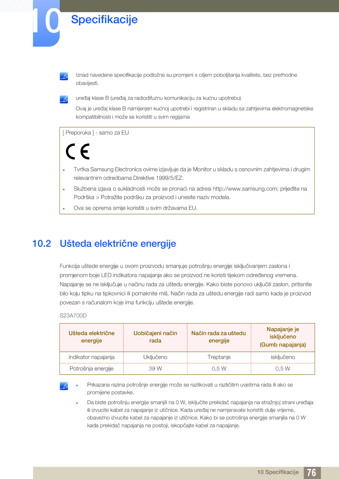 Samsung LS23A700DSL/EN manual 10.2 Ušteda električne energije 