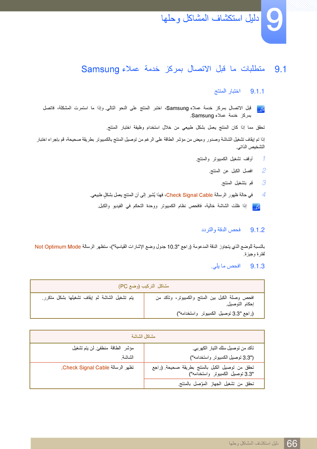 Samsung LS23A700DS/SM manual Samsung ءلامع ةمدخ زكرمب لاصتلاا لبق تابلطتم, جتنملا رابتخا, ددرتلاو ةقدلا صحف, يلي ام صحفا 